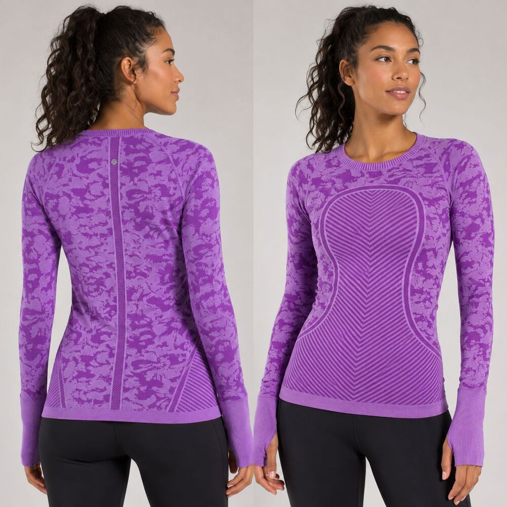 Lululemon Swiftly Tech Long Sleeve Crew Top Women 10 Purple Camo Chevron Run Gym